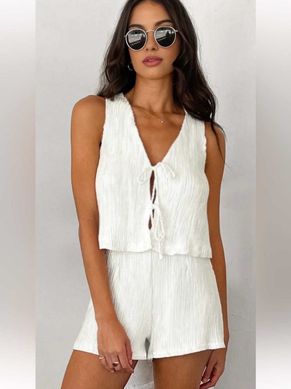 Commense Solid Tie Front Vest With Shorts Set
